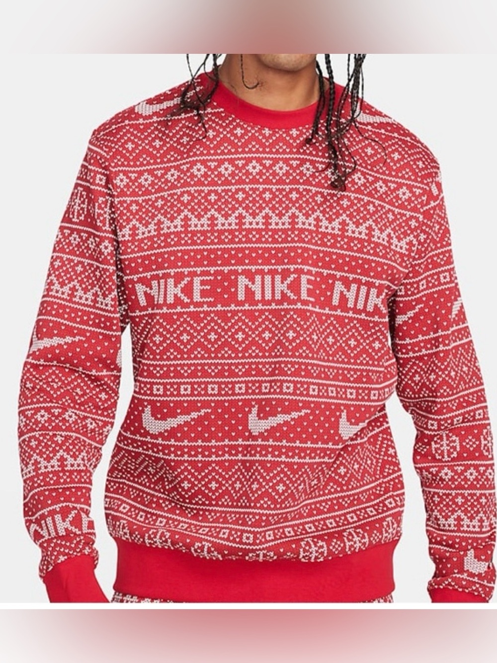 Nike Red and White Fair Isle Crewneck Sweater - Men's